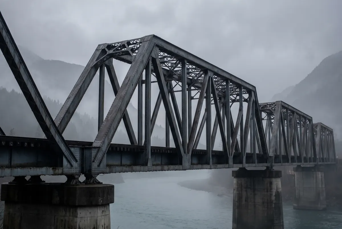 Puente ferroviario de acero con armadura Warren sobre un río con neblina