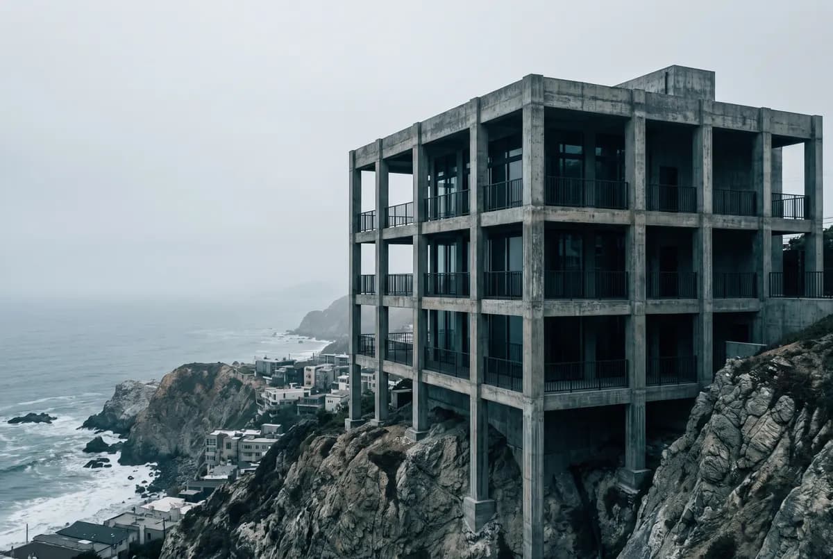 Edificio de concreto armado de varios pisos frente al mar