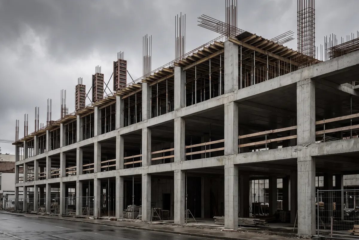 Pórtico de concreto armado en construcción, con columnas y vigas a la vista